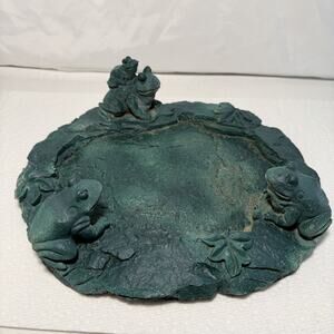 Vintage Hand Carved And Painted Stone Garden Sculpture Frogs Pond And Ivy Leaves